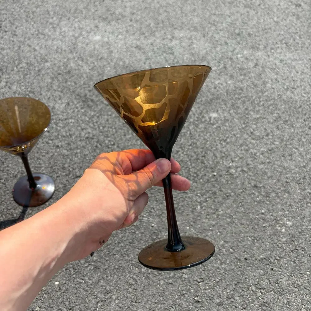 1990’s Blown Glass Brown Tortoise and Zebra Matte Vintage Martini Glasses